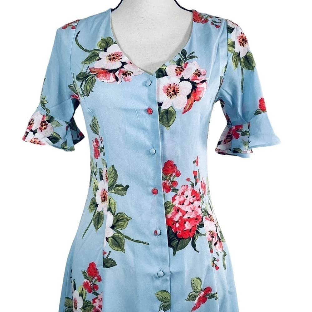 MINE Baby Blue Floral Short Sleeve Button Down Dress - Picture 2 of 9